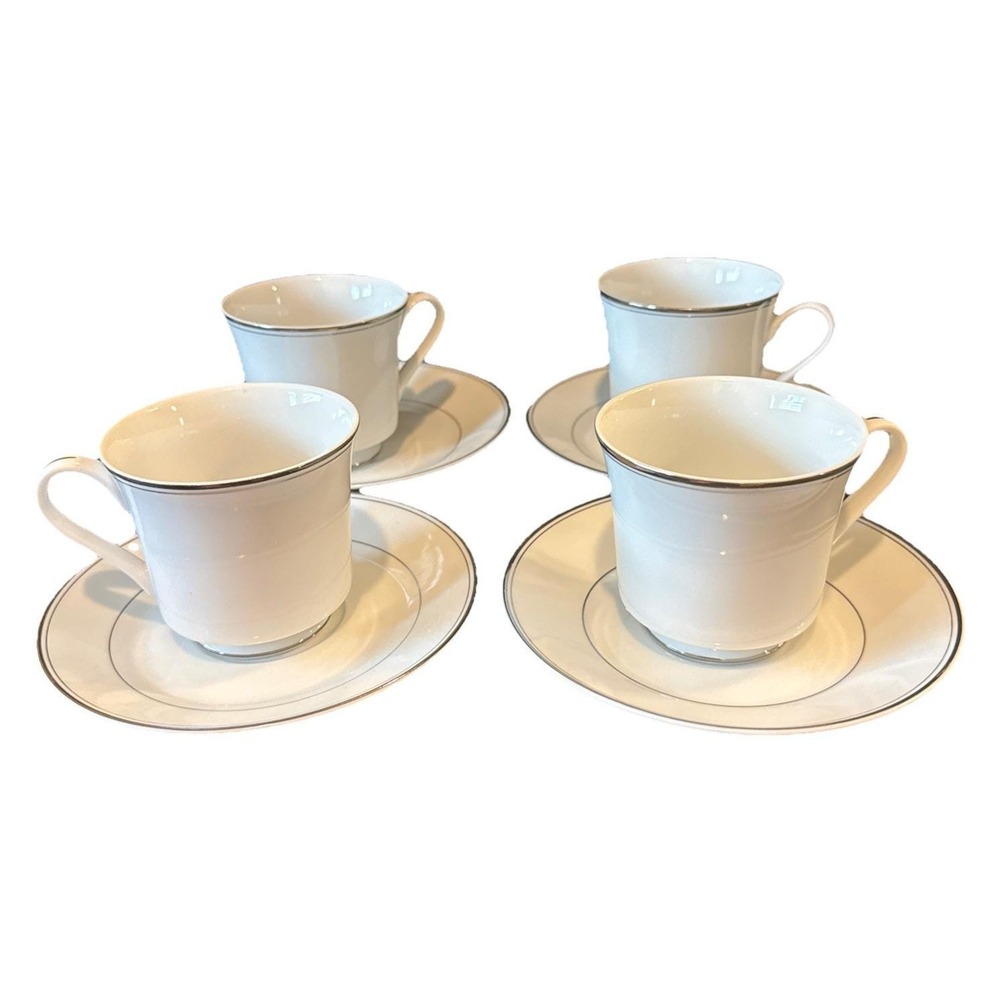 Simplicity Fine China Japan White‎ Silver Trim Footed Tea Cups Saucers Set Of 4